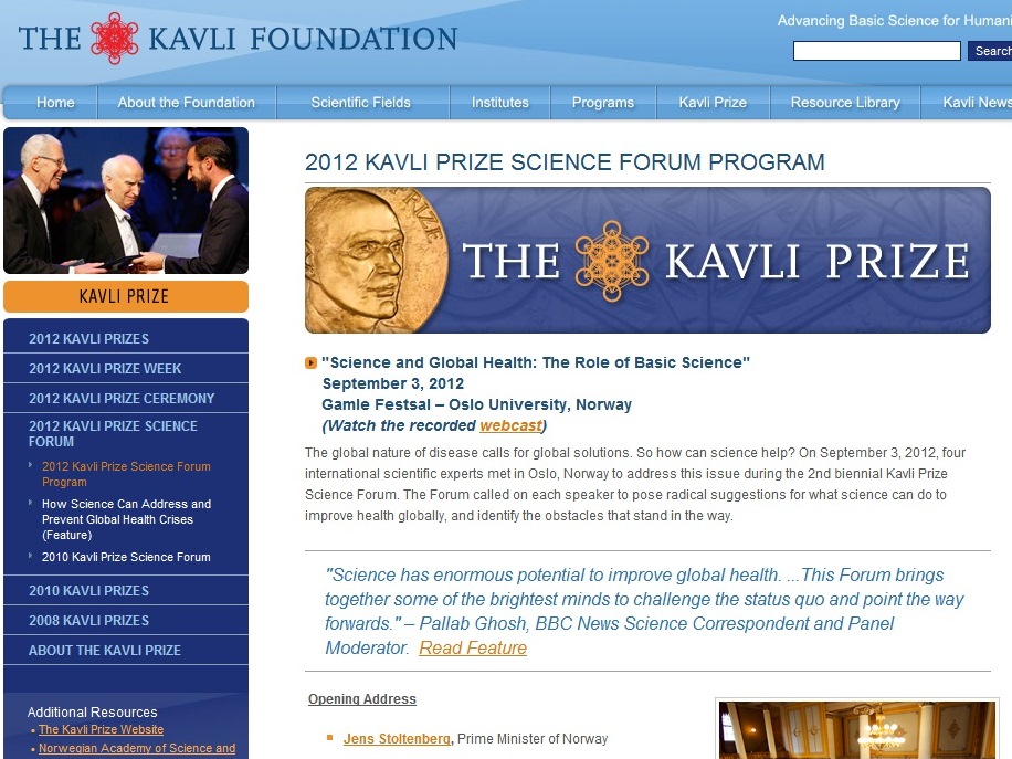 2012 Kavli Prize Ceremony and Kavli Prize Science Forum Participation Report